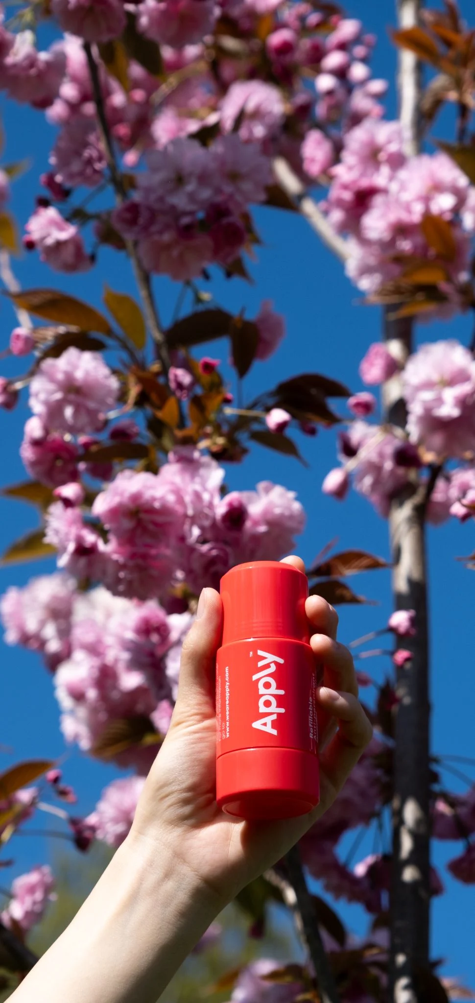 A hand holds an Apply roll-on up among pink blossom